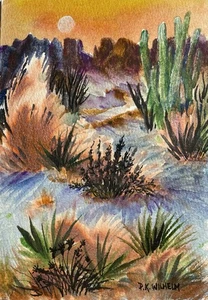Pamela Wilhelm Original Acuarela 5”x7” Noche Desierto Rojo Cielo Cactus Path - Imagen 1 de 1