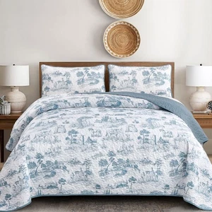 Blue Quilt Set King Size, Toile Farmhouse Bedspreads, 3 Pieces Rustic Village... - Picture 1 of 7