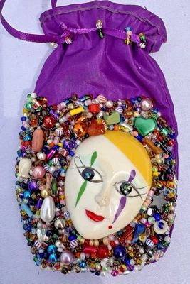 Vintage Handmade Purple Mardi Gras Face Mask with Beads Sack Medicine Bag - Image 1 of 4