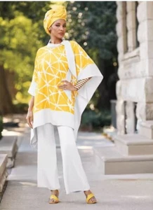 XL Ashro Yellow White Spring Formal Wedding Church Asante Pant Suit & Headwrap - Picture 1 of 8