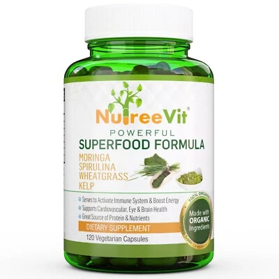SUPERALIMENTO ORGÂNICO PURO-MORINGA SPIRULINA WHEATGRASS ALGAS CÁPSULAS VEGETAIS (500mg) - Imagem 1 de 4