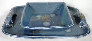 Blue Ceramic Tray & Bowl, Maple Leaf Art, Vicki Gill North Carolina Pottery, Exc - Picture 1 of 11