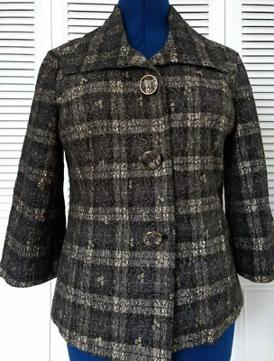 Chico's Size 1 Black Gold Metallic Glitter Lace 3/4 Sleeve Lined Jacket Blazer - Image 1 of 4