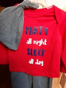 3 Pc.Outfit Set 6 - 9 Months Pants Snap Crotch Top & Hat "Party All Night" - Bild 1 von 4