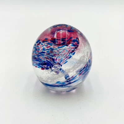 Paper Weight Cobalt Blue Pink Hand Blown Round Glass Art Vintage - Image 1 of 4