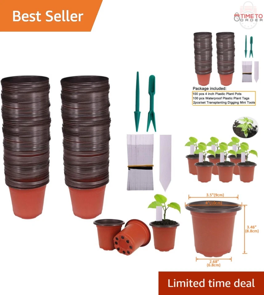 Huvai 100 Pcs 4" Plastic Seedlings Plants Nursery Pots with 100 Pcs Waterproo...