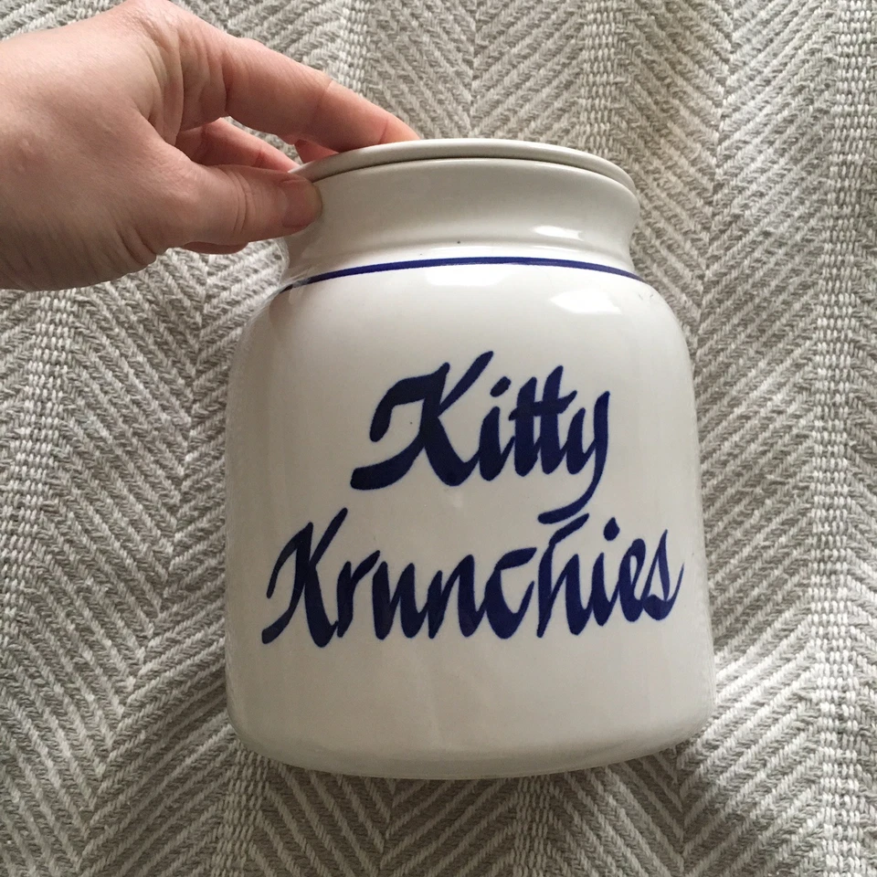 Cat Treat Jar Glazed Lidded Stone Crock Clay Design White Blue Kitty Krunchies - Image 1 of 4