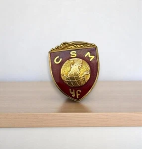 Vintage CSM YF Red & Gold Enamel Shield Lapel Pin With Globe Design - Picture 1 of 6