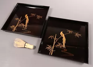 Japanese Lacquer Pair of Wooden Trays 10.12inch Gold Long Tailed Bird Meiji Era - Picture 1 of 20