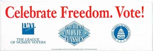 Festeggia la libertà. Vota!" 2 adesivi paraurti mai usati (1990) Ame. Classici del cinema - Foto 1 di 4
