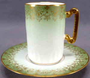 Delinieres Limoges Green & Gold Scrollwork Chocolate Cup & saucer C. 1894 - 1900 - Picture 1 of 12