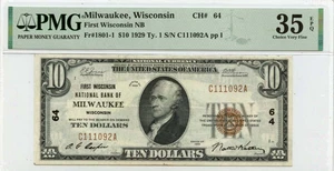 1929 Ty1 $10 First Wisconsin Nat'l Bank Milwaukee CH#64 PMG VF35 EPQ - Picture 1 of 2