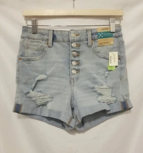 AERO Flex Effects Super Hi Rise Button Fly Denim Shorts Sz 8 Blue Cuff SLIM FIT - Picture 1 of 15