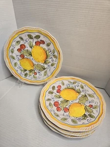 4 Le Cadeaux Melamine Dinner Plates Mediterranean Lemon Tree Yellow Green - Picture 1 of 5