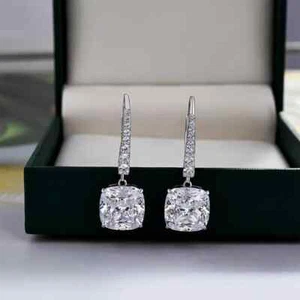 4.20 Ct Cushion-Cut VS1/G Lab Grown Diamond Drop Hoop Earrings 14k White Gold - Picture 1 of 3
