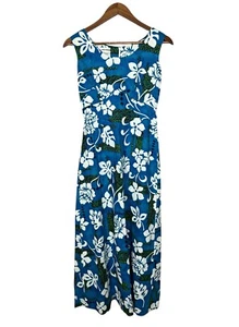 Vintage Royal Hawaiian Dress Blue Bark Cloth Floral Sleeveless Womens Size 6 - Picture 1 of 7