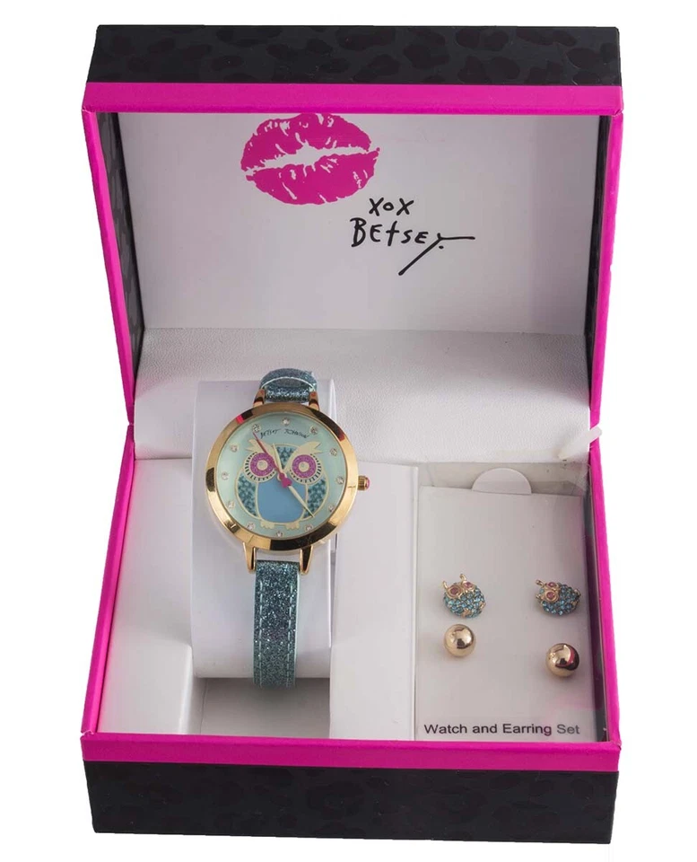 Betsey Johnson Teal Owl Dial Gold Bezel Watch & Earring Set 268928gld