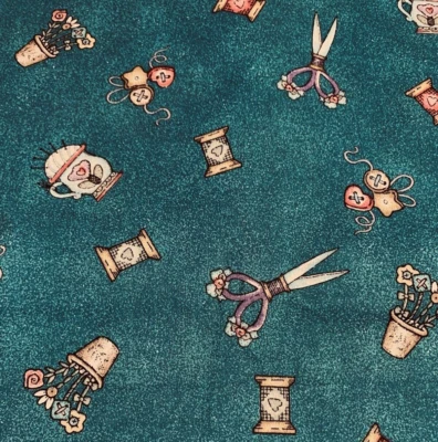 Vtg 1997 Sew Cozy Notion Fabric By Daisy Kingdom Scissors Thread Buttons 2+ Yds - Image 1 of 4