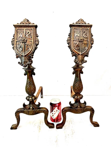 Gothic Shield  Universal Electric Log Co. Antique Andirons Fireplace Fire Dogs Cover