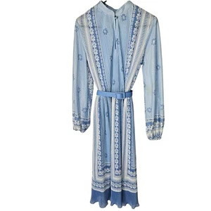 Vintage 70s Jaki K Sydney Midi Dress Size 8 Long Sleeve Blue Floral Sheer Belted - Bild 1 von 5