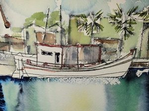 Watercolor Of Fishing Boats Southeastern Coast Of Usa Signed James Hazel 1973 - Picture 1 of 22