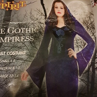  Blue Gothic Vampiress Velvet Bell Sleeve Medieval Halloween Costume S 4-6 - Image 1 of 4