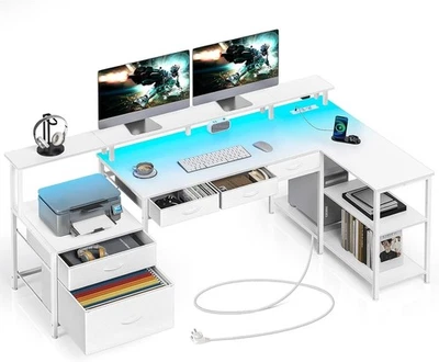 Echreibtisch L Form, Monitorständer,Gaming Tisch mit LED & Steckdosen,Schubladen - Bild 1 von 4