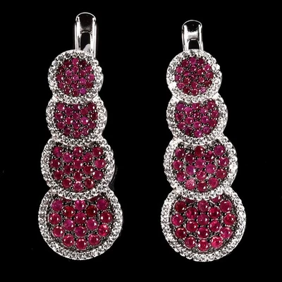 Black Friday Sterling Silver Earrings Ruby Myanmar Round Diamond Cut White Topaz - Image 1 of 4