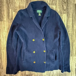 Lauren Ralph Lauren Petite 100% Cotton Navy Rib Knitted Double-Breasted Blazer - Picture 1 of 4
