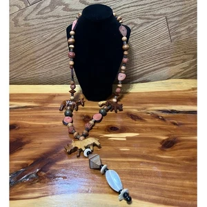 Collar Safari Africano Vintage Madera Tallado Animal Cuentas Cebra Rinoceronte Tribal - Imagen 1 de 8