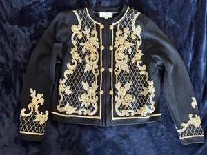 St John Collection by Marie graue Strickjacke schwarz gold bestickt Urlaub 14 XL - Bild 1 von 12