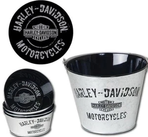 HARLEY-DAVIDSON METAL BEVERAGE BUCKET & SET OF 4 SNACK TINS - Picture 1 of 5