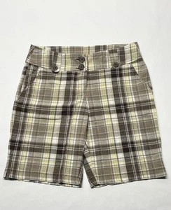 VTG Bugle Boy Brown Yellow Plaid Bermuda Shorts Womens L 34x10 90s Y2K Retro - Picture 1 of 24