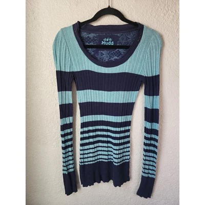 Mudd Striped Knit Long Sleeve Top Women's Large Y2K Ribbed Blue - Image 1 of 4