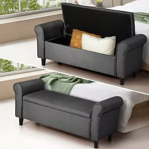 Oikiture Storage Ottoman Blanket Box Linen Fabric Arm Foot Stool Couch Large - Picture 1 of 10