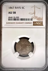 1867 Shield Nickel Rays 5c NGC AU58 Eye Catching Circulated Example with Rays - Picture 1 of 4
