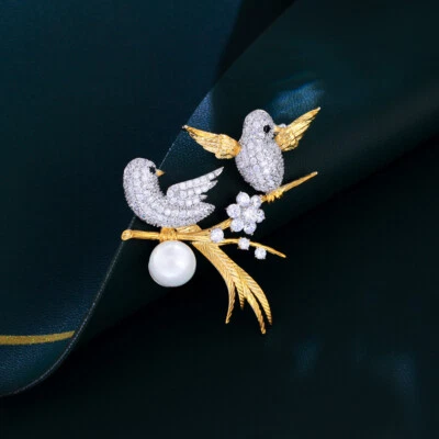 Silver Plated Double Lucky Bird Design Cubic Zirconia Big Enamel Brooch Jewelry - Image 1 of 4
