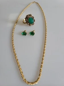 A lot of 3: green Stone LG Ring, Emerald Colored 925 Earrings ,SN Rope Chain - Picture 1 of 14