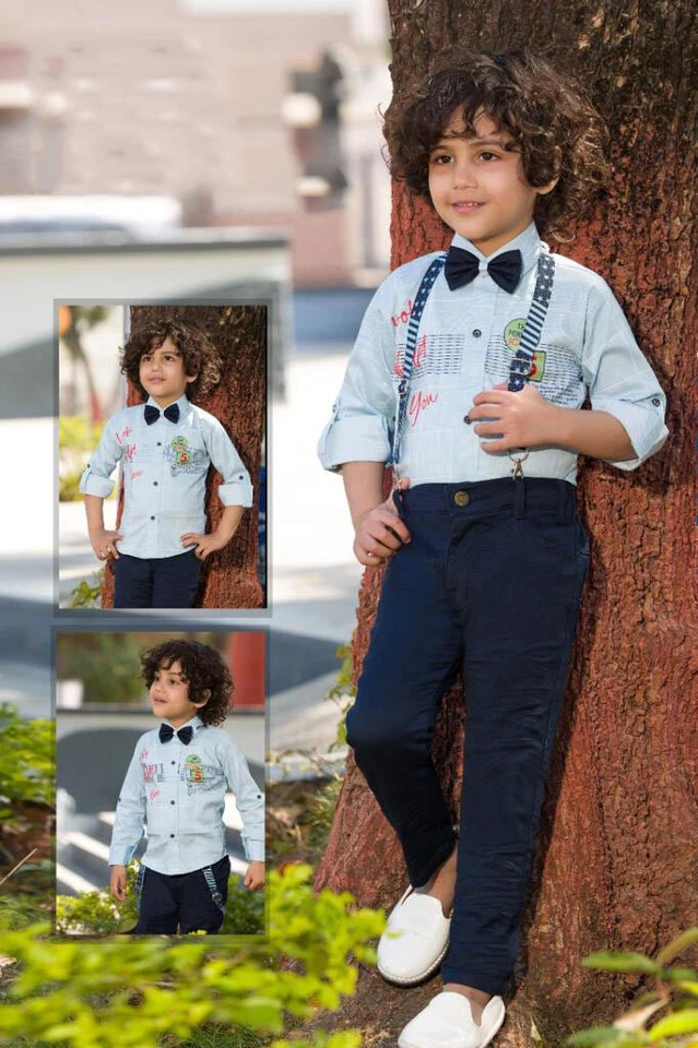 Hermoso conjunto de 2 piezas con tirantes azules para niños camisa inteligente y pantalón cómodo Foto 1 de 1