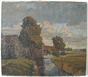 Erwin Steiner (1893-1953) Dorf an Bachlandschaft Öl auf Leinen sign 1927 - Bild 1 von 6