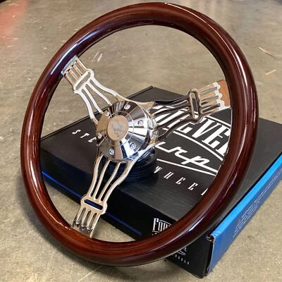 Volante y bocina de 15" de madera real oscura cromada para camión Chevy GMC Nova C10 Foto 1 de 4