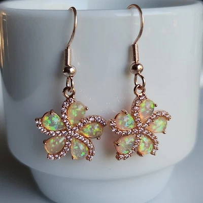 Серьги из стерлингового серебра 925 пробы с натуральным грушевидным опалом 4x6 мм 1,5 дюйма с покрытием из розового золота - Изображение 1 из 4