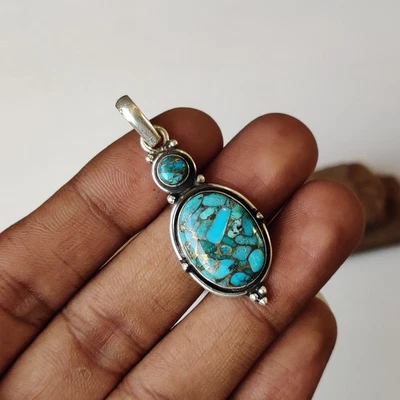 Colgante Turquesa Cobre Azul Plata de Ley 925 Diseñador Regalo Colgante PG8545 Foto 1 de 4