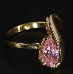 Sterling Silver - Pink CZ Teardrop Wavy Gold Cocktail Ring Size 8 - 4g - Picture 1 of 5