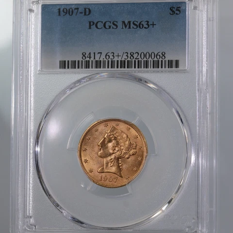 1907-D Liberty $5 PCGS Certified MS63+ Plus Graded Quarter Eagle US Gold Coin Cover
