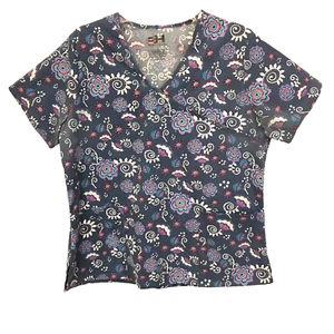 Beverly Hills Uniforms Scrub Top Women's Sz. L Gray Floral Stretch Pockets NWOT - Picture 1 of 10
