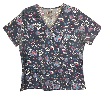 Beverly Hills Uniforms Scrub Top Women's Sz. L Gray Floral Stretch Pockets NWOT - Image 1 of 4