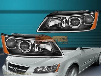 FIT FOR 2006-2008 Hyundai Sonata Factory Style Black Replacement Headlights Pair - Image 1 of 3
