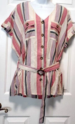 Liz Baker BLUSA PARA MUJER Talla 1X Algodón Rayas Manga Gorra Cinturón Nuevo con Etiquetas Foto 1 de 4