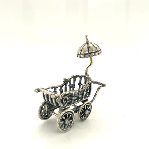 Vtg Sterling Victorian Filigree Ornate Baby Pram Trolley with Umbrella Miniature Cover